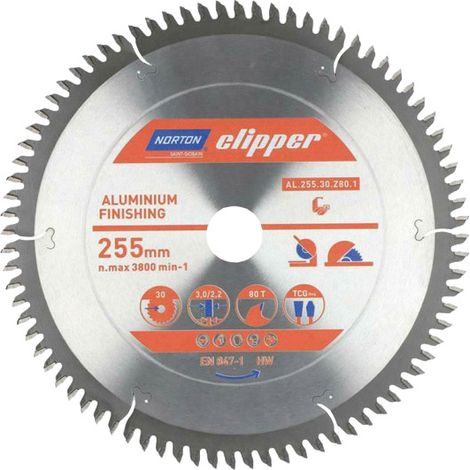 Lame de scie circulaire pour aluminium d.255 - Alésage : 30 mm - Diamètre : 255 mm - Nombre de dents : 80 - NORTON