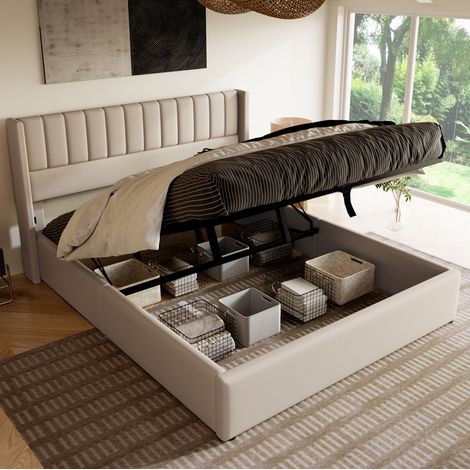 Lit coffre double en lin beige 160x200 cm, sommier à lattes inclus, ouverture hydraulique (1/5)