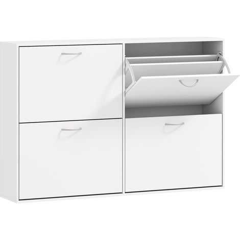 Armoire à chaussures 120x24x81 cm, grand meuble de rangement 4 portes battantes, double niveau, bois blanc (1/5)
