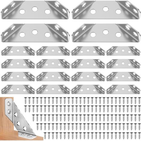 Lot de 20 connecteurs d'angle en acier inoxydable  Équerres pour meubles avec vis, supports triangulaires et renforts d'angle, armoires et chaises (1/4)