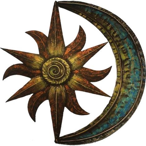 Decoración de pared Sol y Luna - Arte en metal - Decoración de jardín - Diseño pintado a mano - 30x30cm - Multicolor