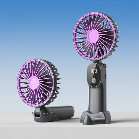Petit ventilateur pliable portable, chargement USB, affichage LED, 6 vitesses, silencieux, suspendu au cou, adapté à l'extérieur et au camping, gris (1/5)