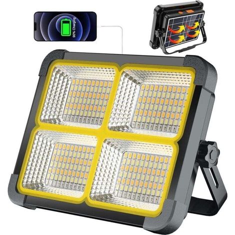 Faro LED ricaricabile da 100 W, luce da lavoro ricaricabile da 12000 mAh/pannello solare/4 modalità di illuminazione, faro a batteria ricaricabile ideale per campeggio, lavoro, pesca [Classe energetic