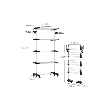 Étendoir à linge noir et argent à 5 niveaux pliable avec système à clic et structure métallique pour buanderie et balcon (1/5)