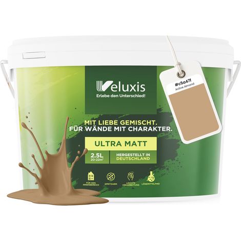 Wandfarbe Beige Gold Braun Matt Innenfarbe – Deckkraft Klasse 1, VOC-frei, Ohne Grundierung, Tropfarm – Wohnzimmer & Schlafzimmer – 2,5L – Veluxis (Active Almond)