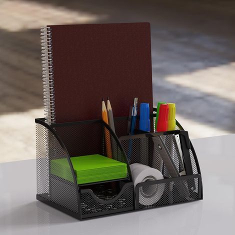 Organiseur de bureau et porte-crayons avec tiroir en maille métallique et 6 compartiments, noir - Organiseur multifonction pour stylos, notes et agrafeuses, idéal pour le bureau et la maison (1/5)