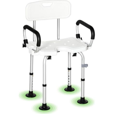 Chaise de douche, tabouret de douche réglable en hauteur avec dossier et accoudoirs rabattables, assise U, pieds antidérapants à ventouses, pour personnes âgées et handicapées, blanc (1/5)