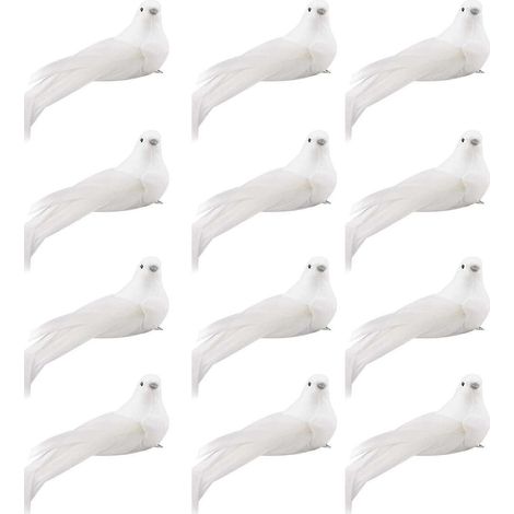 Set mit 12 künstlichen weißen Tauben mit Clips, aus Schaumstoff und langen Schwanzfedern, zur Dekoration Ihres Weihnachtsbaums. (1/5)