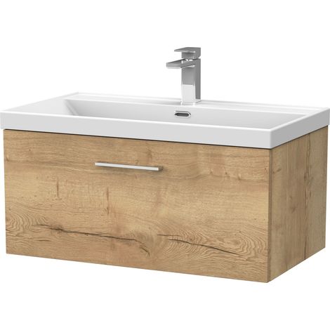 Pershall Contemporary Wall Hung 1 Drawer Vanity Unit with Thin-Edge Ceramic Basin, 800mm, Autumn Oak