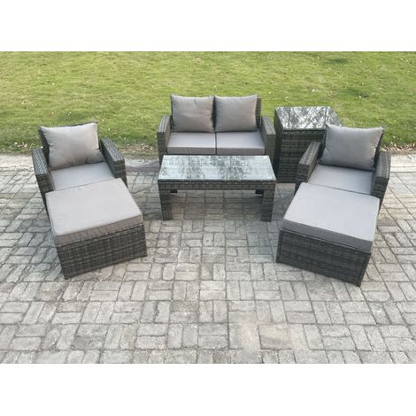 Fimous 7 PCS Outdoor Lounge Sofa Set Wicker PE Rattan Garden Furniture Set with Rectangular Coffee Table Armchair 2 Big Footstool Side Table Dark Grey Mixed (1/5)