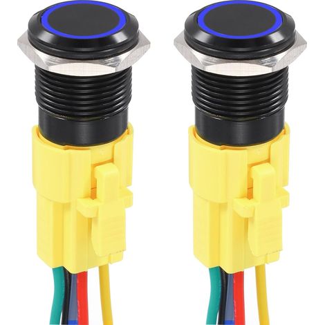 2er-Pack 16 mm / 5/8" Drucktaster aus Aluminiumlegierung, 12 V/24 V DC, 1 Schließer/Öffner, Stecker mit Kabel für Auto- und Bootssysteme, Blau (1/5)