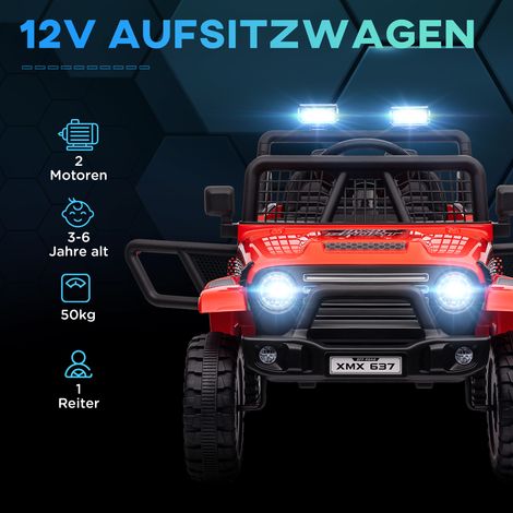 Voiture électrique enfant avec suspension douce, télécommandée, lumières LED, klaxon, moteurs 12V, en plastique et métal, rouge (1/5)