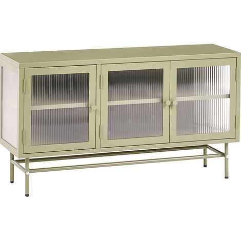 3 Door Sideboard Green Steel Fluted Tempered Glass Adjustable Shelves Leg Caps Living Room Furniture Modern Industrial Design DEVON (1/5)