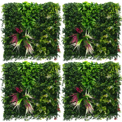 ECD Germany Jardín vertical artificial 4 piezas 50x50cm de interior/exterior paneles decorativos de pared fáciles de cuidar, valla de privacidad resistentes a la intemperie, verde, Tropical Pink (1/5)
