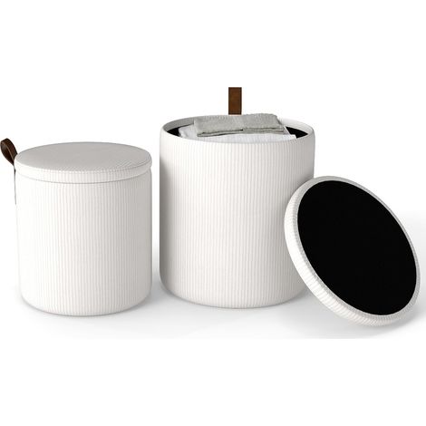 COSTWAY Set di 2 Pouf Contenitore in Velluto, Pouf Rotondi Imbottiti da 40L + 25L, Sgabelli con Contenitore per Soggiorno, Camera da Letto, Portata 150 kg (Bianco) (1/5)