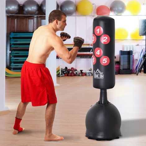 Saco de Boxeo de Pie 165 cm con Base Rellenable de Agua 22,5 kg o Arena 27,5 kg y Ventosas de Goma para Adultos y Niños 50x50x165 cm Negro (1/5)