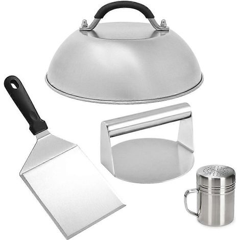 Ensemble d'ustensiles de barbecue comprenant un presse-burgers, un couvercle, une spatule et un flacon d'assaisonnement. (1/5)
