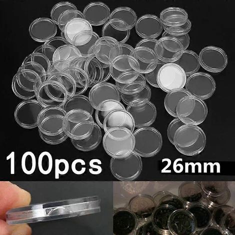 Lot de 100 boîtes de rangement transparentes rondes pour pièces de monnaie (26 mm) (1/4)