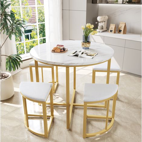 Conjunto mesa y sillas redonda de 80 cm, 1 mesa y 4 sillas, MDF y metal, blanco y dorado DESVIAE (1/5)