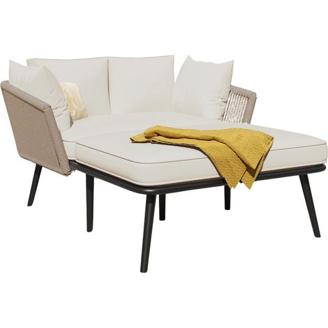 Canapé de jardin bain de soleil avec coussins lavables, acier et corde, beige- FLORAGRACE (1/5)