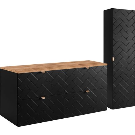 Furnidea - Ensemble un meuble sous vasque 120 cm avec le plan CHÊNE et une colonne 35/136 cm à suspendre MADIS NOIR - façades motif chevron (1/5)