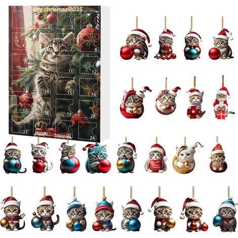 Ornements Noël Chat Pendentif Charme Ornement Chat en Acrylique 2D pour Rétroviseur Auto Calendrier De L'Avent 24 Jours Sapin Rétroviseur Voiture Mur Fenêtre (1/5)