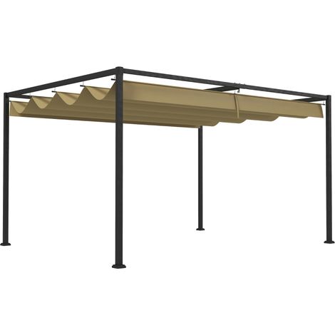 4 x 3(m) Metal Pergola with Retractable Roof, Garden Gazebo Canopy Shelter for Outdoor, Patio, Khaki