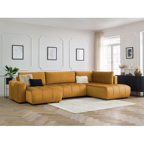 BOBOCHIC - Canapé panoramique convertible coffre ARSENE tissu velours Angle gauche  Jaune (1/5)
