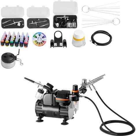 Kit Airbrush 1/6 CV avec Compresseur Silencieux, 3 Aérographes Double Action Pro, 3 Buses, Tuyau, Peinture Acrylique, Pinceau, pour Décoration de Gâteaux, Maquettes, Nail Art (1/5)