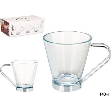 VIVALTO taza vidrio con asa metal 140 ml , Taza de vidrio con asa metálica 140 ml (lote de 6 unidades), un conjunto elegante y funcional, ideal para servir café, té, infusiones o b (1/3)