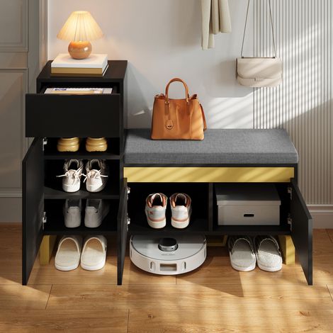 Schuhschrank 120x35x85 cm Schwarz aus MDF mit Sitzbank, Schublade, offenem Fach und modernem Zweifarbdesign (1/5)