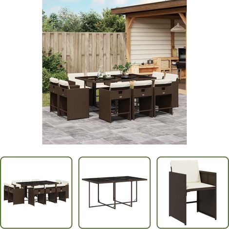 vidaXL Gartenstuhl - 11-tlg. Garten-Essgruppe mit Kissen Braun Poly Rattan (1/5)