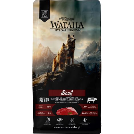 Wataha croquettes hypoallergéniques pour adultes de taille moyenne à grande, au bœuf et au riz, 12 kg