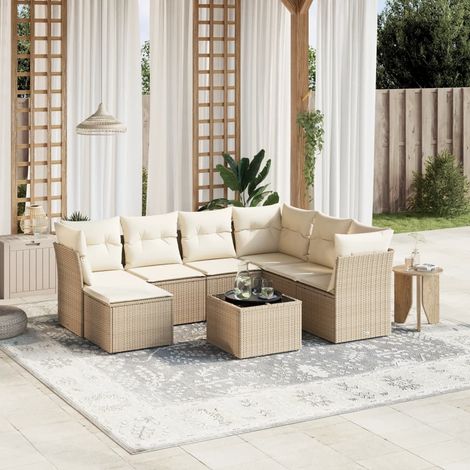 Salon de Jardin 8 Places en Résine Tressée Beige avec Coussins Amovibles - Ensemble Canapé d'Extérieur Modulaire avec Table en Verre Trempé (1/4)