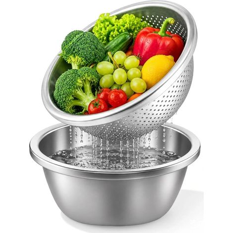 Passoire et Bol en métal Inoxydable Légumes Pâtes (Argent) Saladier Passoire 22cm Edelstahl Seiher (1/5)