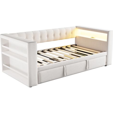 Letto capitonné multifunzione 90/180 x 190 cm con LED, prese e vano contenitore, beige (1/5)