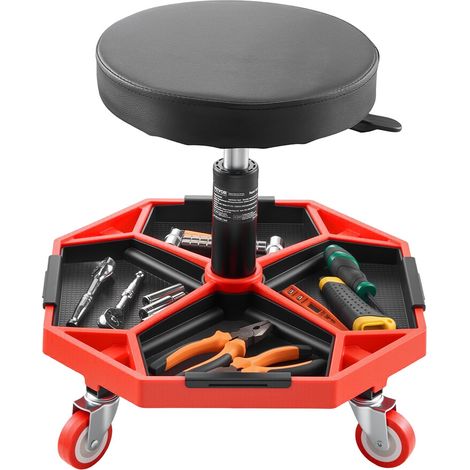 Tabouret d'Atelier Mobile, Tabouret de Mécanicien sur Roulettes Capacité de Charge 136 kg, Hauteur Réglable, avec Plateaux à Outils, pour Entretien Réparation Automobile Garage, Noir et Rouge (1/5)
