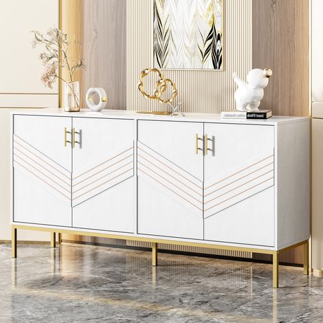 Aparador 160x40x80.5 cm blanco y madera MDF con 4 puertas, estantes ajustables y patas metálicas doradas (1/5)