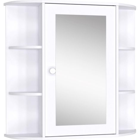 Meuble de salle de bain avec miroir, meuble WC suspendu avec 1 porte, 2 étagères intérieures et 6 étagères latérales pour salon, cuisine, chambre, 66 x 17 x 63 cm, blanc (1/5)