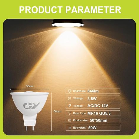 Ampoules LED GU5.3 MR16 12V 646LM Blanc Froid 6500K,3.8W Équivalent 50W 36° Angle Spot (Faisceau Étroit), Non-Dimmable,Pas de scintillement (1/4)