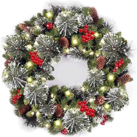 Couronne de Noël en épicéa avec lumière LED à suspendre pour porte d'entrée, décoration de Noël pour intérieur et extérieur,Idéal pour les décorations de vacances et les réunions de famille,pas de plu (1/5)