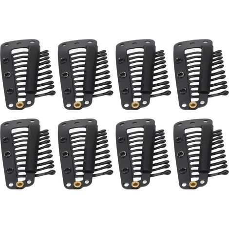 Lot de 100 clips pour extensions de cheveux, multifonctionnels, 38 mm, 10 dents, noirs, pour la pose d'extensions. (1/5)