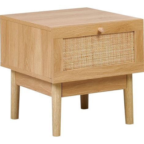 Mesita de noche tablero de partículas madera de pino cajón frente ratán estilo boho madera clara Nivo (1/5)