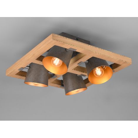 LED Deckenstrahler 4-flammig Silber antik & Gold mit Holz, Quadrat 39cm (1/5)