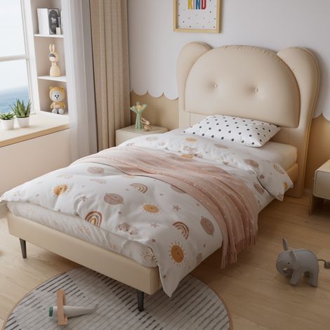 Lit enfant rembourré 90x200 avec tête de lit forme animal - Structure fer et sommier lattes robuste - lit simple PU beige (sans Matelas) (1/5)