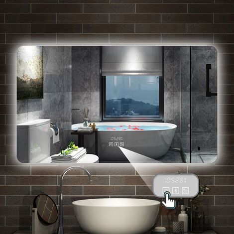 LED Wandspiegel Badspiegel Badezimmerspiegel Drei Farben Dimmbar Bluetooth Uhr 70x50cm