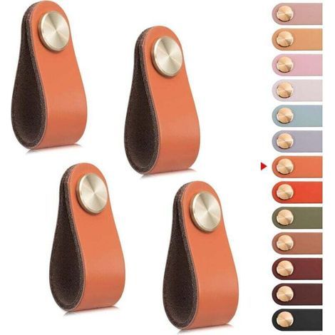 4 Pièces Poignées Meuble Cuir Vintage Boutons Porte Armoire Tiroir Commode Cuisine Salle de Bain Orange (1/4)