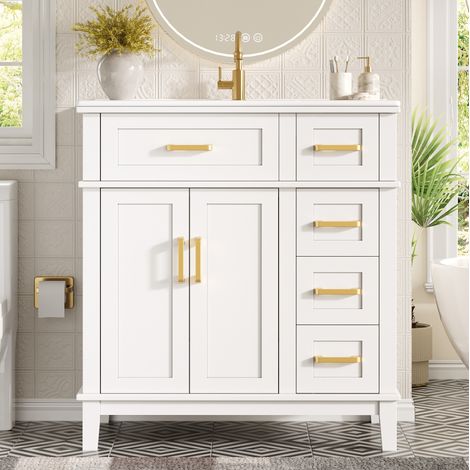 Badezimmerschrank mit Waschbecken aus Keramik, moderner Badmöbel für Badezimmer, Schubladen-Schrank mit viel Stauraum & Soft-Close Funktion, Badschrank mit Überlaufschutz (1/5)
