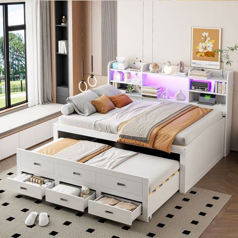Divano letto estraibile 140x200cm con LED telecomando 3 cassetti pte USB, MDF, bianco (Senza materasso) (1/5)
