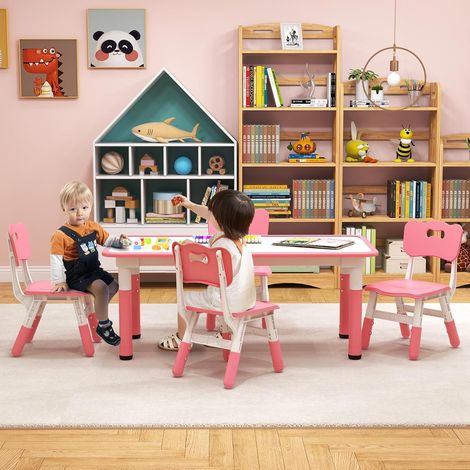 Kids Table and 4 Chairs Set Height Adjustable Toddler Desk and Chairs Set with Graffiti Desktop (1/5)